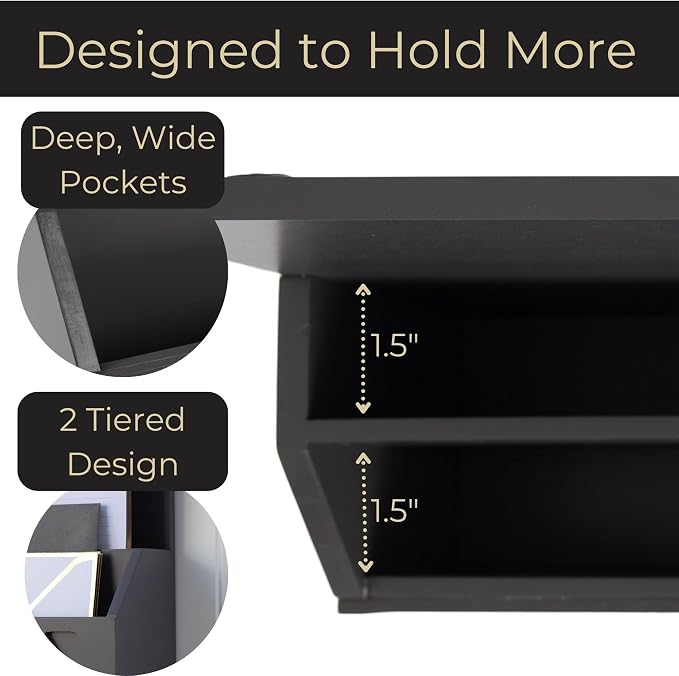 BLU MONACO | Wall-Mounted Mail and Key Holder in Grey Wood | Two-Tier Mail Organizer with Gold Hooks | Entryway Command Center for Home or Office - Image 3