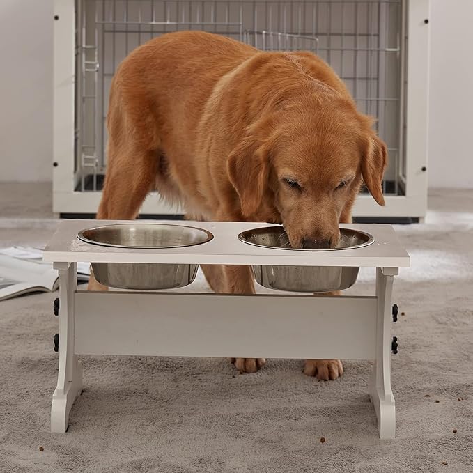 Piskyet Elevated Dog Bowls,Farmhouse Dog Bowls Stand, Raised Dog Bowl with 2 Stainless Steel Wooden Dog Bowls,7 Cups 11''H_55 oz Bowl-White, GWJ-01 - Image 7