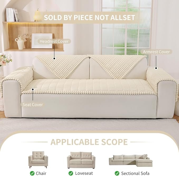 Fuzzy Couch Arm Covers for Dogs Washable, Thick Couch Covers for 3 Cushion Sofa Pet Friendly, Non Slip Plush Dog Couch Cover for for Sectional, Loveseat (Beige, 17.6" x 17.6") - Image 4