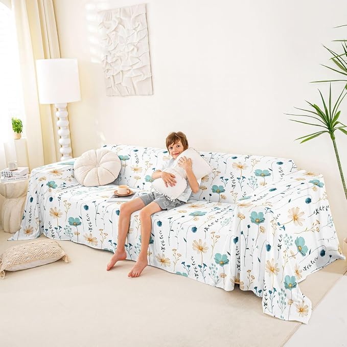 Erosebridal Watercolor Floral Couch Cover Teal Beige Flower Sofa Cover 71" X 102" Modern Minimalist White Couch Protector for Sectional Sofasrustic Farmhouse Washable Non Slip Sofa Protector - Image 4