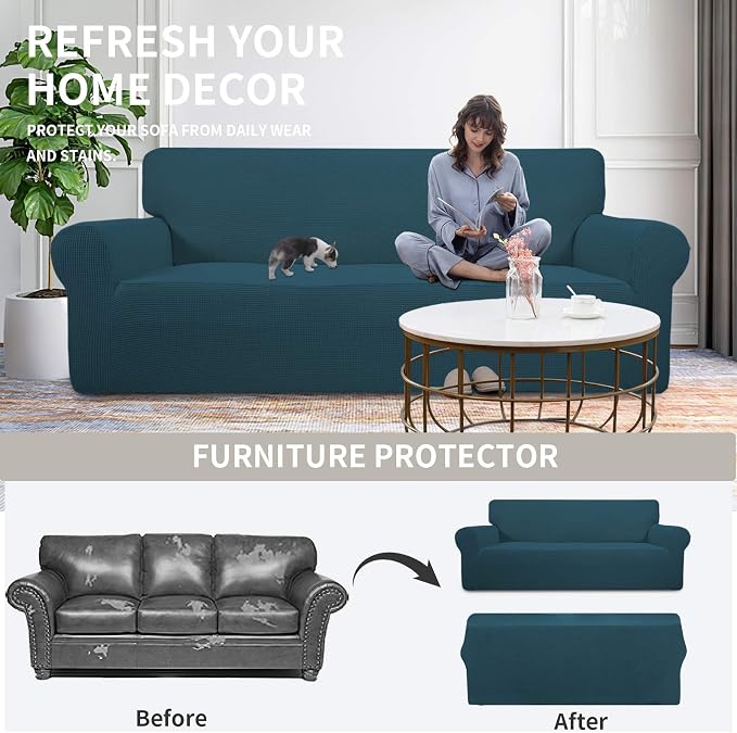 Easy-Going Stretch Couch Covers for Sofa Washable Large Deep Teal | 1-Piece Sofa Covers for 3 Cushion Couch Furniture Protector Couch Slipcover Soft with Bottom for Kids Pets - Image 4