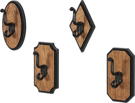 Deco 79 Wooden Home Wall Hook Vintage Inspired Coat Hooks with Black Beaded Frames and Varying Geometric Shapes, Set of 4 Hooks 4'W, 7'H, Brown by Deco79