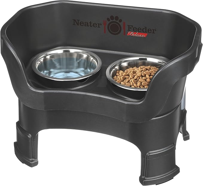 Neater Feeder Deluxe Mess-Proof Elevated Dog Bowls for Medium Dogs (19–40 lbs), 2 Height Adjustable (10” & 12.5”) No-Spill Raised Dog Bowl Stand, Stainless Steel Food Bowl Set, Made in USA, Black by NeaterPetBrands