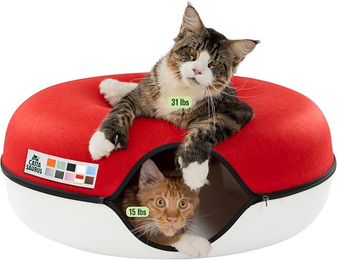 Cattasaurus Peekaboo Cat Cave, Extra Spacious for Multiple & Large Cats 12+ lbs, Scratch Detachable Cat Beds for Indoor Cats, Washable Tunnel Bed, Comfy Donut Tunnel (Ruby Snowball, Jumbo) by Cattasaurus