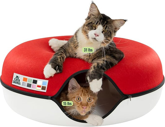 Cattasaurus Peekaboo Cat Cave, Extra Spacious for Multiple & Large Cats 12+ lbs, Scratch Detachable Cat Beds for Indoor Cats, Washable Tunnel Bed, Comfy Donut Tunnel (Ruby Snowball, Jumbo) by Cattasaurus