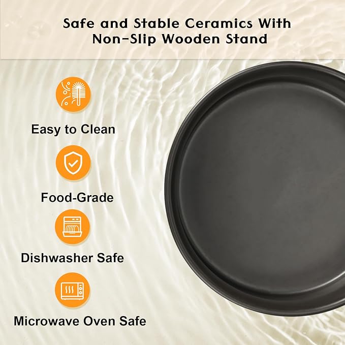 SPUNKYJUNKY Ceramic Elevated Dog Bowls 2 Pack - 8.3inch Raised Dog Bowls with Non-Slip Wooden Stand for Large Dogs Dishwasher Safe(Black,60OZ*2) - Image 5