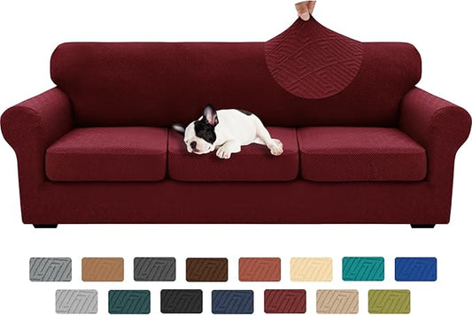 XINEAGE 2026 New 4 Pieces Extra Large Couch Covers for 3 Cushion Sofa Super Stretch Sofa Cover for 3 Large Seat Cushion Universal Fitted Slip Cover for Living Room (Wine Red), 91"-110"(3 Cushions) by XINEAGE