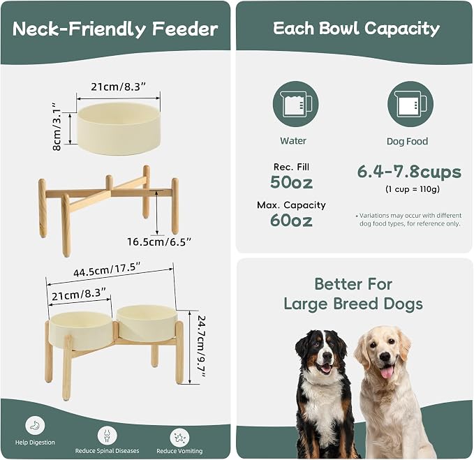 Havniva Elevated Dog Bowls Ceramic Dog Bowls with Stand, Dog Food Bowl | 8.3” Raised Dog Bowls with Non-Slip Wood Stand, Dog Food and Water Bowl Set, Double Dog Feeding Bowls for Large Dogs - Image 2