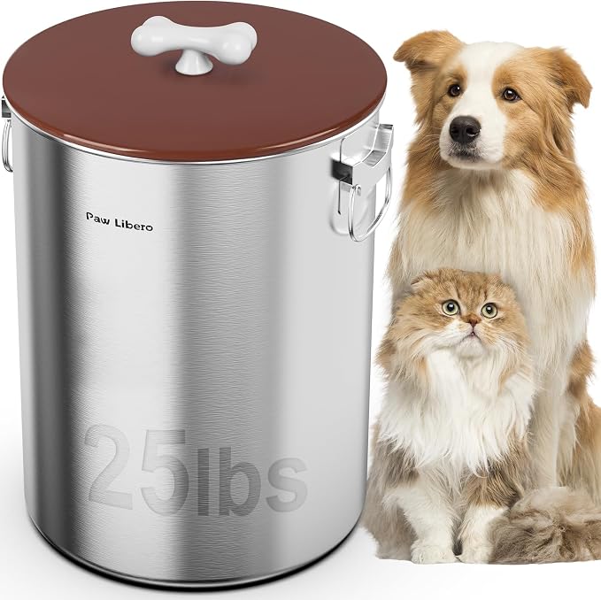 Paw Libero 25 Lbs Stainless Steel Dog Food Storage Container with Airtight Lid & Ceramic Bone Handle, Large Metal Dog Food Bin for Dogs & Cats, Keep Fresh, Easy to Clean by PawLibero