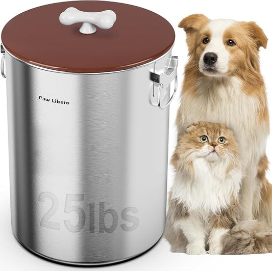 Paw Libero 25 Lbs Stainless Steel Dog Food Storage Container with Airtight Lid & Ceramic Bone Handle, Large Metal Dog Food Bin for Dogs & Cats, Keep Fresh, Easy to Clean by PawLibero