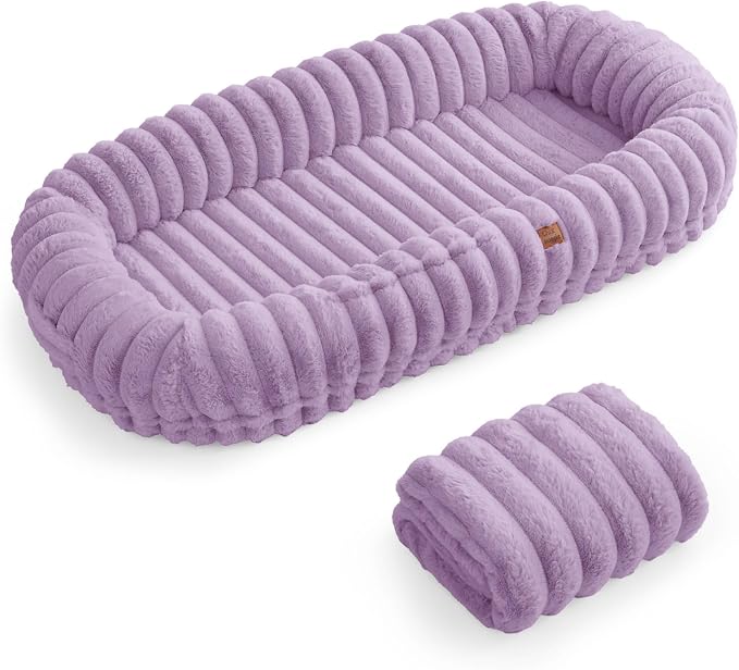 ChiXnuggle Orthopedic Human Dog Bed,Striped Faux Fur Washable Cover,Blanket | purple,72*40*10,giant dog bed for adult or extra large dogs,egg crate foam,non-slip bottom - Image 9
