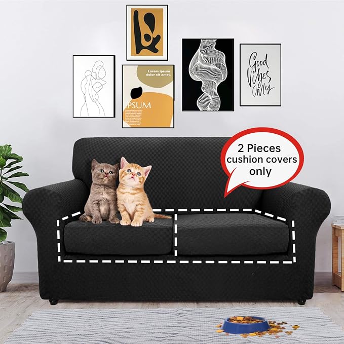 【Clearance】 Stretch Individual Cushion Covers Sofa Loveseat Seat Cushion Slipcovers Soft Couch Cover Replacement Large Checkered Furniture Protector with Elastic Bottom (2 Pc Cushion Cover, Black) - Image 7