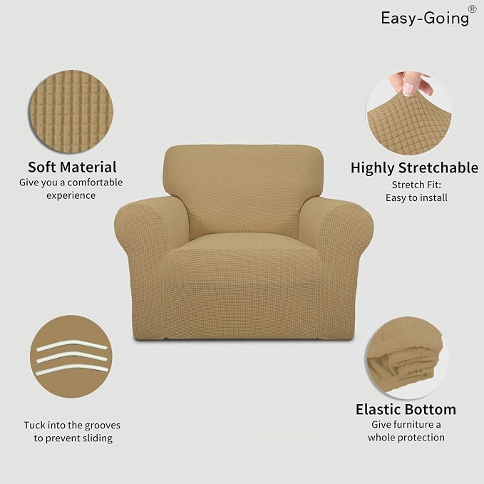 Easy-Going Stretch Chair Slipcover with Arm Washable Golden | 1-Piece Couch Sofa Cover Furniture Protector for Living Room Soft with Bottom For Kids, Pet. Spandex Jacquard - Image 3