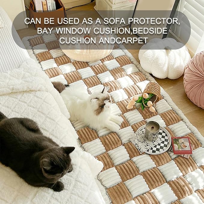 Fuzzy Chic Cotton Protective Couch Cover,Machine Washable & Non-Slip Pet Mat Bed Couch Cover,Garden Sofa Cover Cream-Coloured Plaid Pet Mat for Most Cats Dogs,Pets (light coffee, 27.6*70.9inch) - Image 5