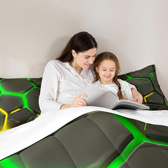 Geometric Honeycomb Comforter Set Twin Size,Abstract Hexagon Patchwork Fashion Bedding Set for Boys Girls Men Room Decor,Yellow Green Neon Modern Down Comforter,Unique Duvet Insert,1 Pillowcase - Image 2