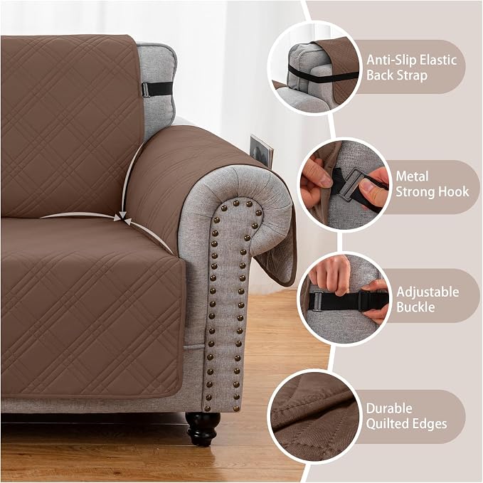 100% Waterproof Couch Cover for Dogs, Washable Anti-Slip Sofa Cover with Elastic Straps & Side Pockets, Quilted Furniture Protector for Kids & Pets (Oversize Sofa 78", Darkbrown) - Image 5