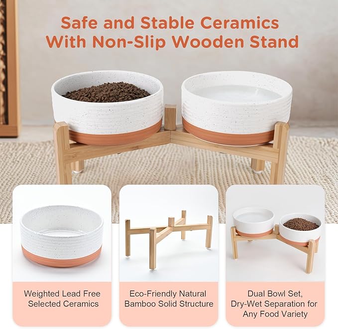 SPUNKYJUNKY Elevated Dog Bowls Ceramic, 7.3'' Dogs Food Water Bowls Raised with Non-Slip Bamboo Stand for Medium to Large Sized Breed Microwave Dishwasher Safe - 42 OZ,Pattern White - Image 6