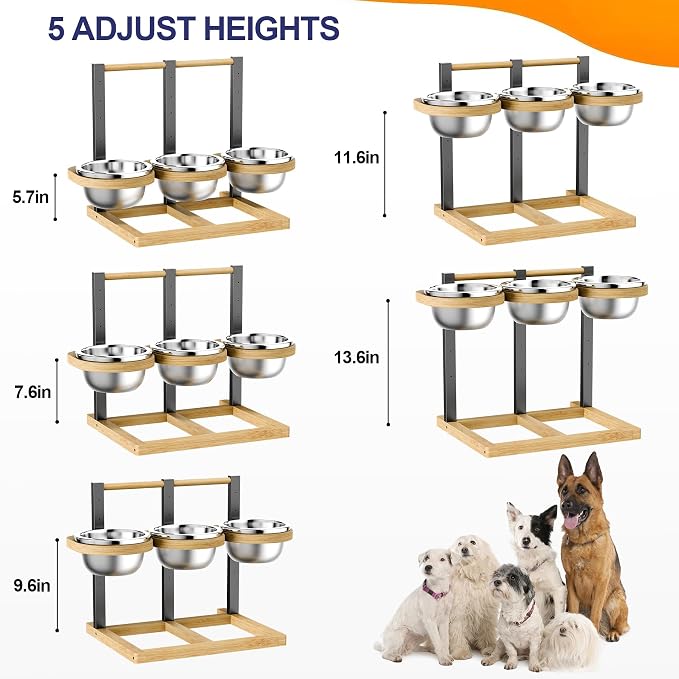 Elevated Dog Bowl,Bamboo Raised Dog Bowl,5-Height | Adjustable Dogs Food Bowls Stand,Dog Feeding Station with 3 Food and Water Bowls for Medium,Large Dogs - Image 2