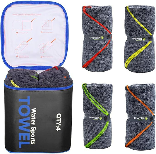 4Monster 4-Pack Quick Dry Microfiber Travel Towels – Super Absorbent, Ultra-Soft Camping Towel Set with Water-Resistant Bag, Lightweight & Compact for RV, Gym, Beach, Pool, Swimming, and Family Trips by 4Monster