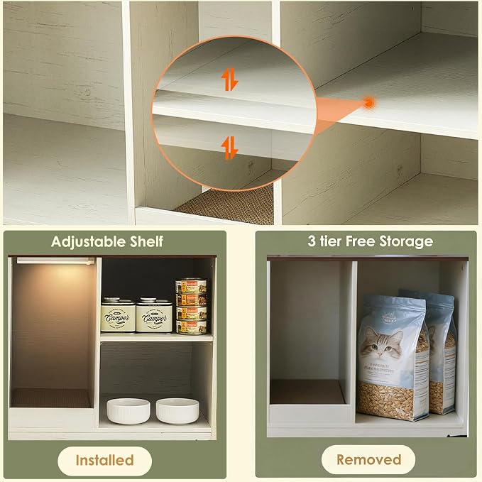 Cat Litter Box Enclosure, 43" Farmhouse Litter Box Furniture with Storage, Lights, Cardboard, Indoor TV Stand Wood Cat House Washroom End Side Table, White - Image 5