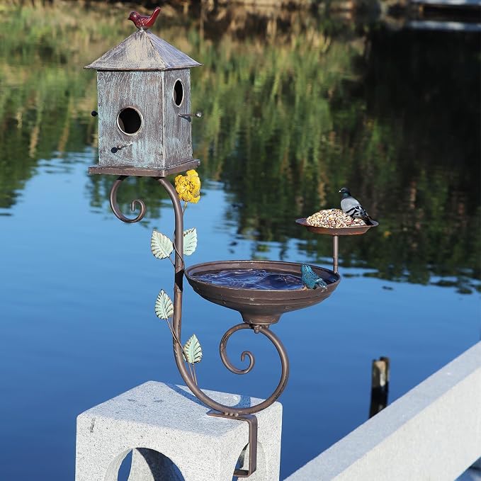 Deck Bird Bath, Metal Bird Bath and Bird Houses, Deck Mounted Bird Bath | Detachable and Adjustable Sturdy Deck Bird Bath for Outdoor Porch Yard Garden Decoration - Image 2