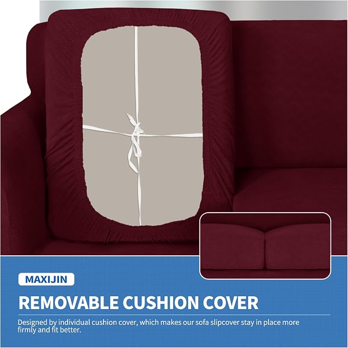 MAXIJIN 2 Piece Chair Covers Chair Slipcover with Arms, Sofa Chair Cover for Living Room Armchair Cover, Stretch Pet Dog Slip Cover for A Chair with 1 Cushion (31"-46", Wine Red) - Image 5