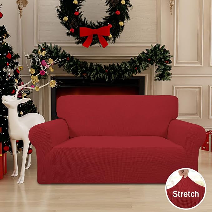 Easy-Going Stretch Loveseat Couch Covers Washable Christmas Red | 1-Piece Loveseat Covers for 2 Cushion Couch Furniture Protector RV Sofa Slipcover Soft with Bottom for Kids Pets - Image 2