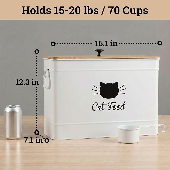 Metal Cat Food Container with Scoop, 15lb (50 Cup) w/ Airtight Bamboo Lid | 15 lb / 50 Cup Capacity, 1 Cup Metal Scoop, Durable Powder Coated Iron Body, Rubber Lined Bamboo Lid, Sturdy Metal Handles - Image 6