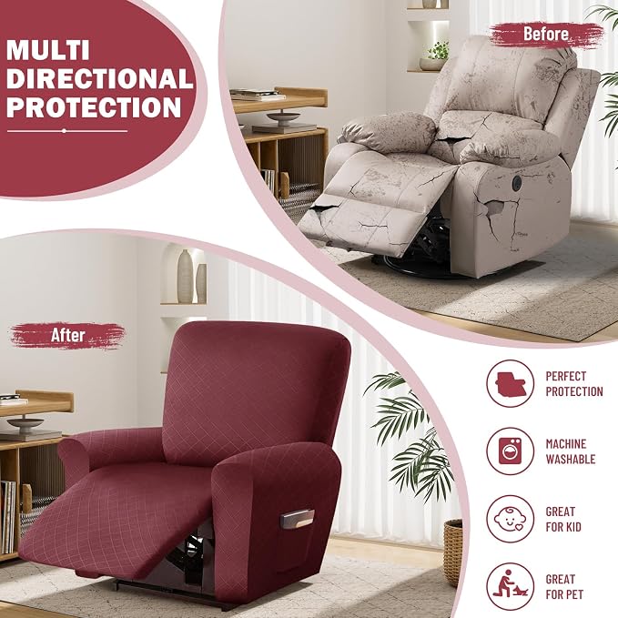 vctops Diamond Recliner Cover 4-Pieces Recliner Stretch Sofa Slipcover 1 Seater Couch Protector Soft Solid Furniture Protector Covers with Elastic Strap (Wine Red,1 Seat) - Image 5