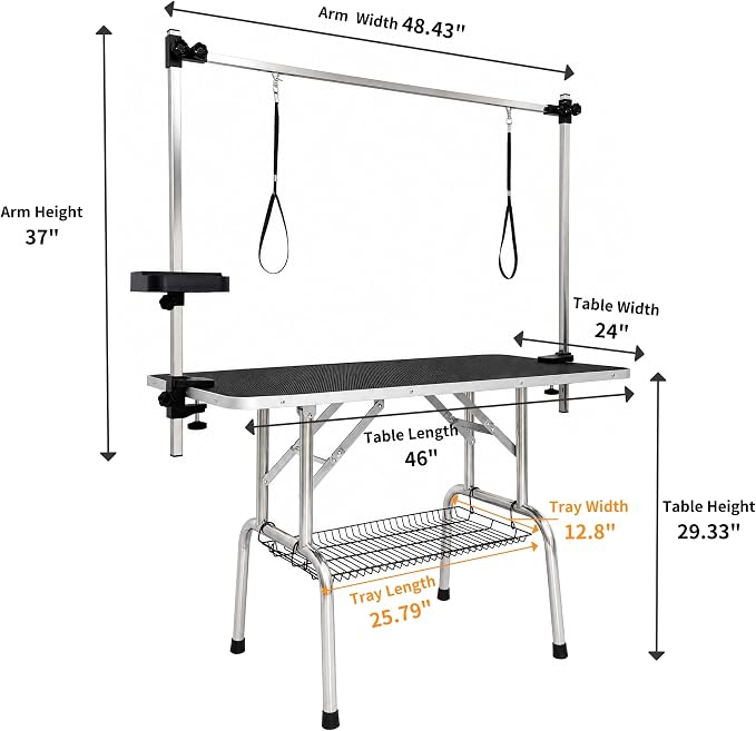 46" Foldable Dog Grooming Table with Adjustable H-Frame Arm & 2 Nooses, Heavy-Duty Stainless Steel Frame, Non-Slip Top, Tool Caddy and Mesh Tray, Black - Image 2
