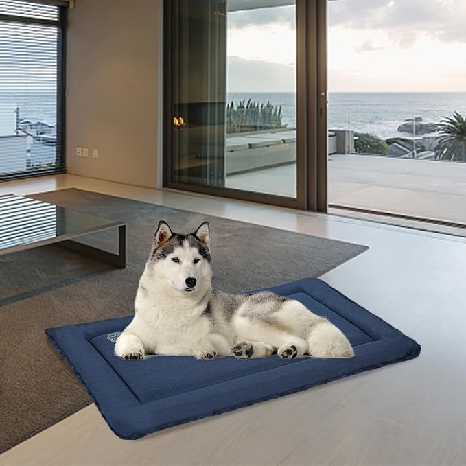 EMPSIGN Dog Crate Pad for 36"x24" Dog Crate, Plush/Canvas Navy | Reversible Kennel Mat (Cool & Warm), Machine Washable, Cozy Plush Sleeping Pad, All-Season Pet Bed - Image 6