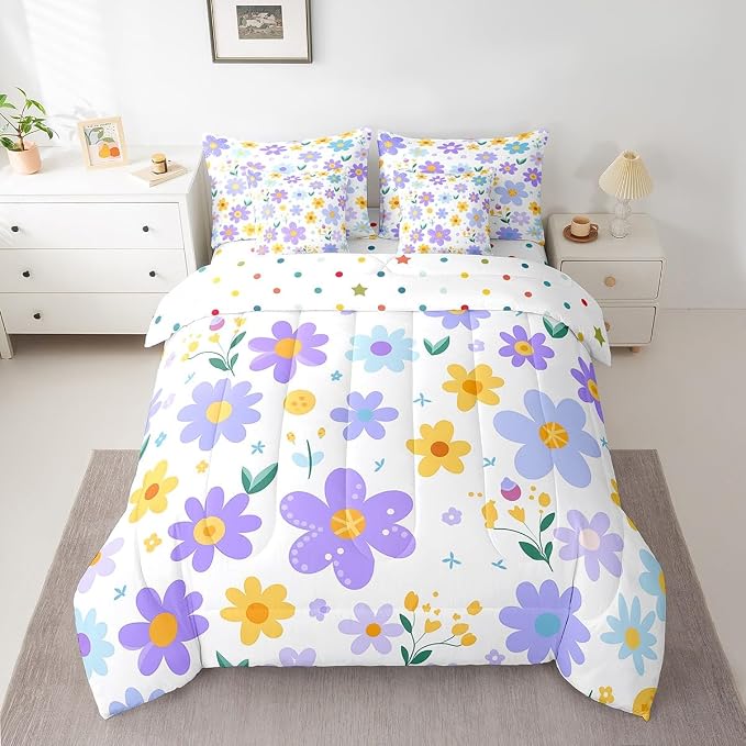 Feelyou Cute Flower 7 Piece Bedding Set King Size Kids Cartoon Cute Floral Bed in a Bag for Girls Teens Purple Yellow Comforter Set with Sheets Kawaii Bed Set - Image 5