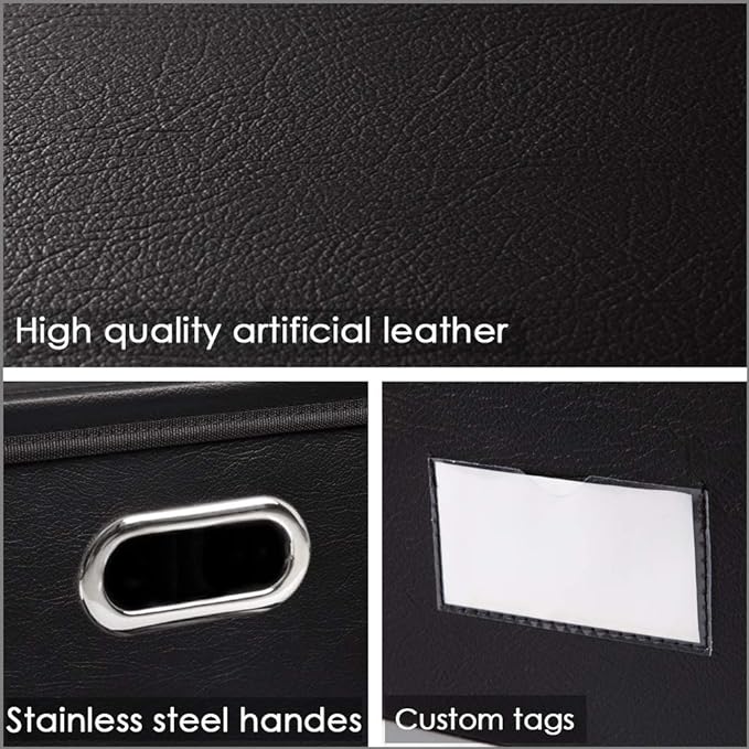 PRANDOM Large Collapsible Storage Bin with Lid [1-Pack] Leather Fabric Foldable Storage Box Organizer Containes Basket Cube with Cover for Home Bedroom Closet Office Nursery Black (17.7x11.8x11.8) - Image 4