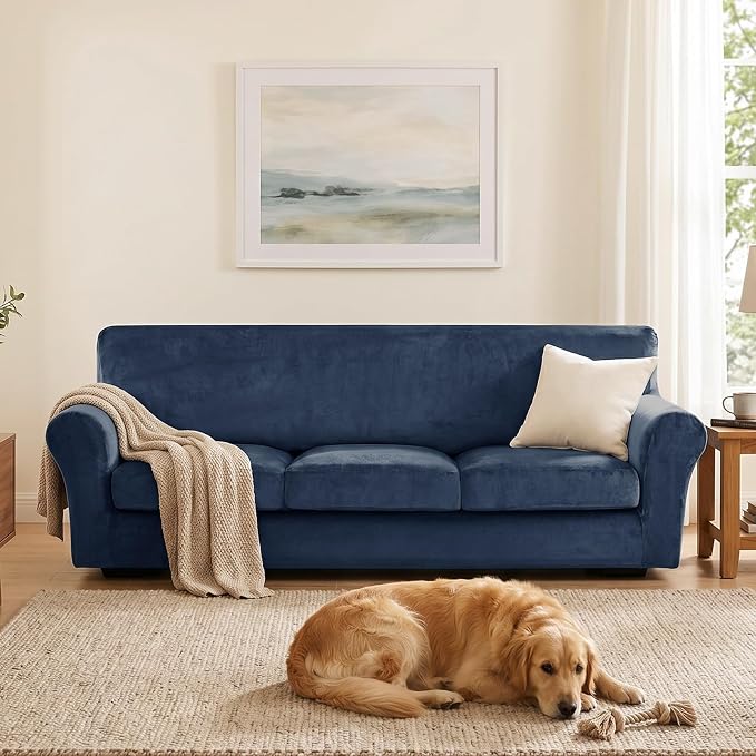 XINEAGE 4-Piece Velvet Oversize Sofa Cover, Couch Covers for Dog,Navy Blue | 3 Cushion Large Sofa,Stretch Non-slip Elastic, Pet-friendly, Washable, Fast Setup, Soft Plush Fabric, Furniture Protector. - Image 4
