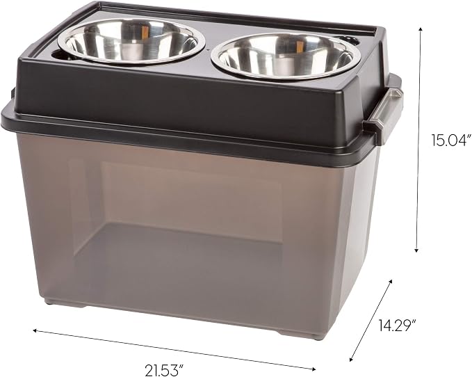 IRIS USA 2-in-1 Elevated Dog Bowls 6" H with Airtight Pet Food Storage Container Holds Up to 47 Lbs, Removable 4 Thick 16 oz Stainless Steel Bowls, at Home or Camping Pet Dish Bowl Set, Smoke/Black - Image 2