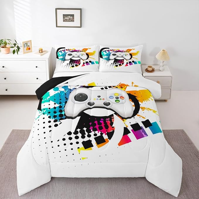 Kids Gaming Comforter Set Queen Gamer Bedding Set, Modern Console Game Controller Duvet Set For Boys Girls Teens, White Gamepad Quilt Set, Tie Dye Colorful Comforter Set Grey White Soft Bedding Set by Erosebridal
