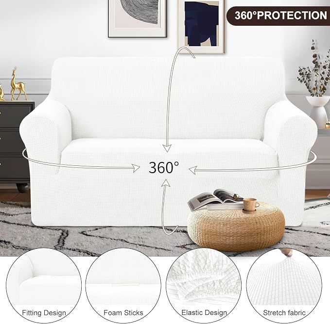 U-NICE HOME Loveseat Cover Stretch Couch Cover Sofa Slipcover, Ivory White | 2 Cushion Sofa, 1-Piece Sofa cover, Washable, Pet friendly, Furniture protector, Polyester Spandex Jacquard fabric - Image 3