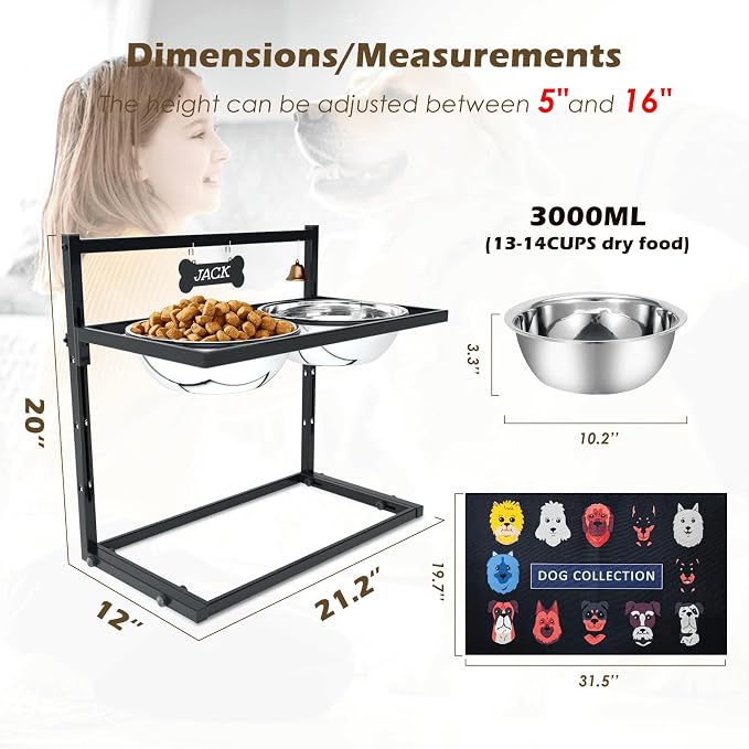 - Elevated Dog Bowls for Extra Large Dogs with Mat,Raised Dog Bowl Stand for Large Breed Adjusable Height Dog Feeder with Two 3L() Stainless Steel Dog Food Bowls - Image 3
