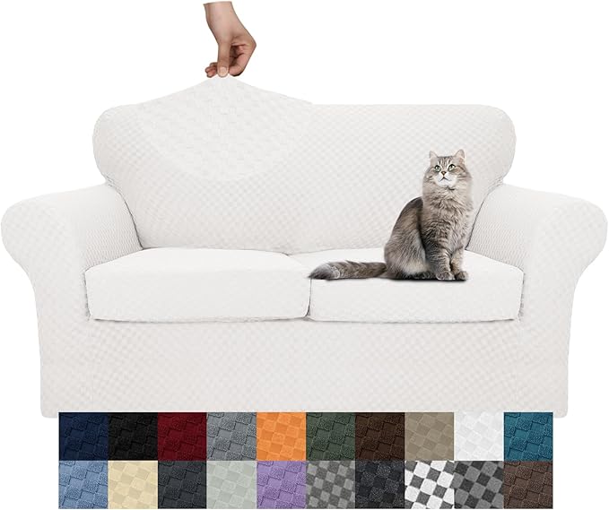 YEMYHOM Latest Checkered 3 Pieces Couch Covers for 2 Cushion Couch High Stretch Thickened Love Seat Sofa Cover for Dogs Pets Anti Slip Elastic Loveseat Slipcover Protector (White), 55"-69"(2 CUSHIONS) by YEMYHOM
