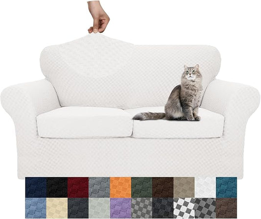 YEMYHOM Latest Checkered 3 Pieces Couch Covers for 2 Cushion Couch High Stretch Thickened Love Seat Sofa Cover for Dogs Pets Anti Slip Elastic Loveseat Slipcover Protector (White), 55"-69"(2 CUSHIONS) by YEMYHOM