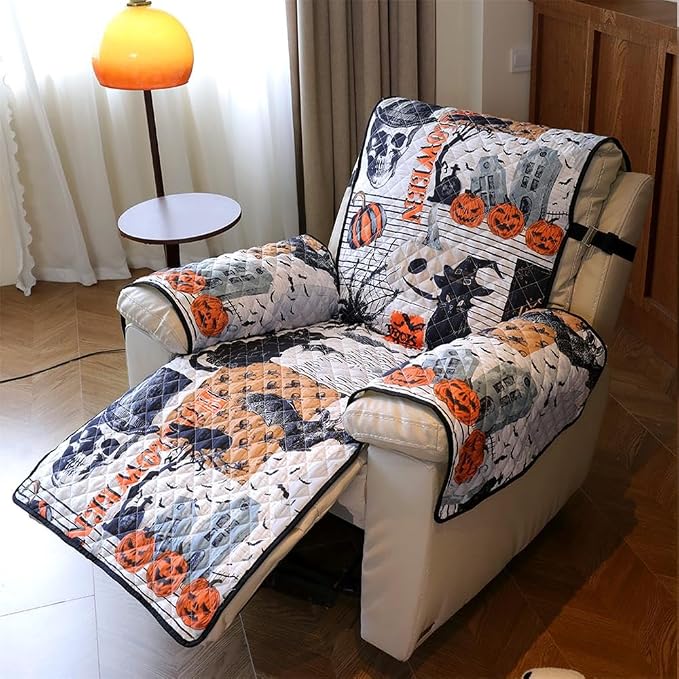 Cmfshape Halloween Skidproof Sofa Cover-Festival Sofa Slipcover with Elastic Straps-Easy Fit Slip Cover-Patchwork Washable Furniture Protector for Pets and Kids(Recliner,Black&Orange) by cmfshape-quiltset