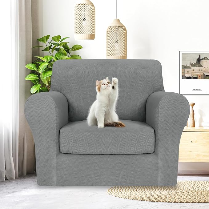 MAXIJIN 2 Piece Chair Covers Chair Slipcover with Arms, Sofa Chair Cover for Living Room Armchair Cover, Stretch Pet Dog Slip Cover for A Chair with 1 Cushion (31"-46", Light Gray) - Image 3