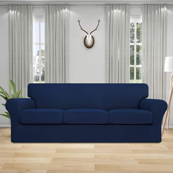 Easy-Going 4 Pieces Stretch Couch Cover Sofa Cover for Dogs Washable Sofa Slipcover for 3 Separate Cushion Couch Spandex Jacquard Fabric Elastic Furniture Protector for Pets, Kids (Navy, Sofa) - Image 2