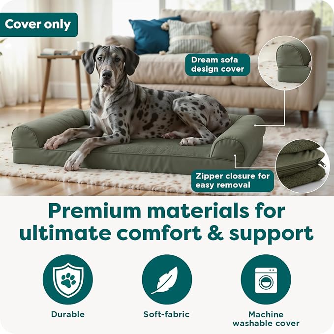 Furhaven Replacement Dog Bed Cover Faux Fur & Velvet Sofa-Style, Machine Washable - Dark Sage, Medium - Image 5