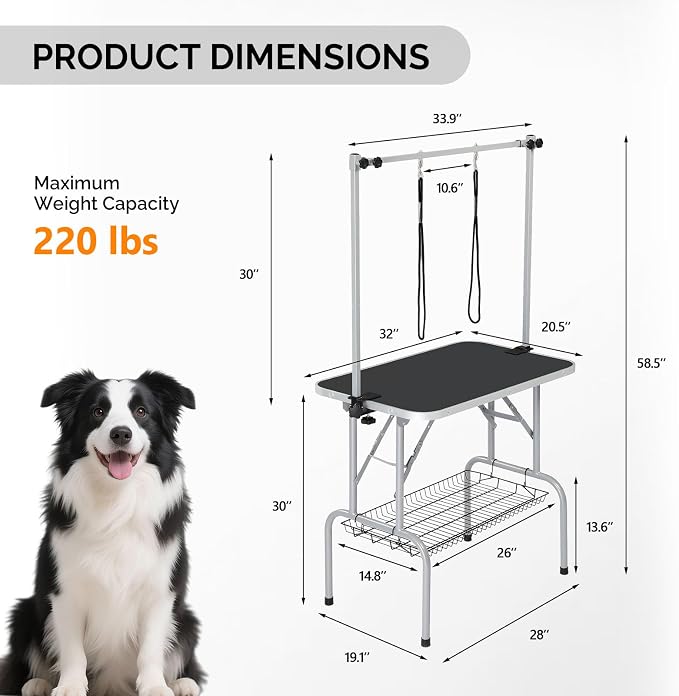 VINGLI Dog Grooming Table, Adjustable Cat Grooming Desktop with Arms and Storage Basket, Pet Grooming Stand at Home (Black, 32 inch) - Image 5