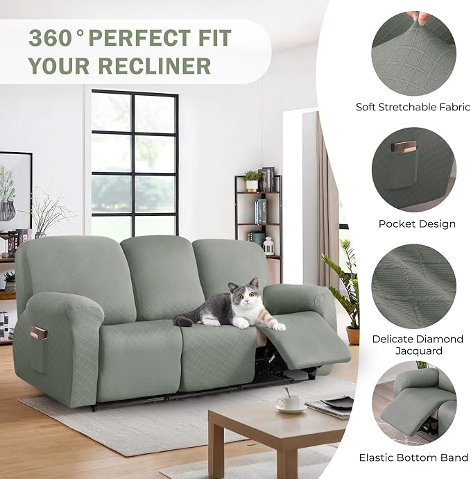vctops Diamond Recliner Sofa Covers 8-Pieces Stretch Large Couch Covers for 3 Seats Reclining Slipcovers Soft Solid Furniture Protector (Greyish Green,3 Seat) - Image 4