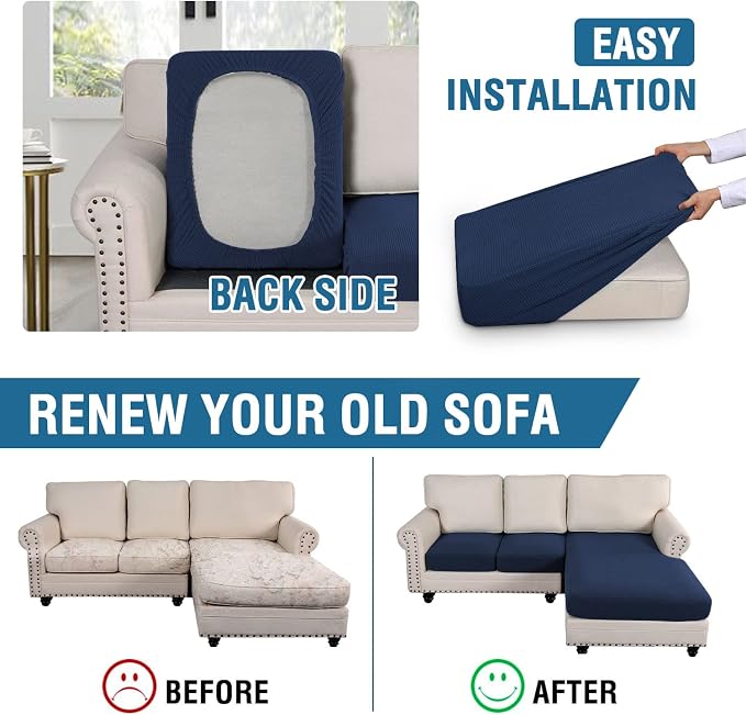 H.VERSAILTEX Sectional Couch Covers 3 Pieces Sofa Seat Cushion Covers L Shape Separate Cushion Couch Chaise Cover for Both Left/Right Sectional Couch (Seat Only: 1 Chaise + 2 Sofa, Navy) - Image 5