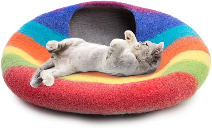 Premium Felt Cat Cave Bed – Cats Curl Into Instantly - Wool Kitty Beds Handcrafted Kitten Caves Bed for Indoor Cats - Made from Merino Wool by Woolygon (Rainbow Twist) - Image 3
