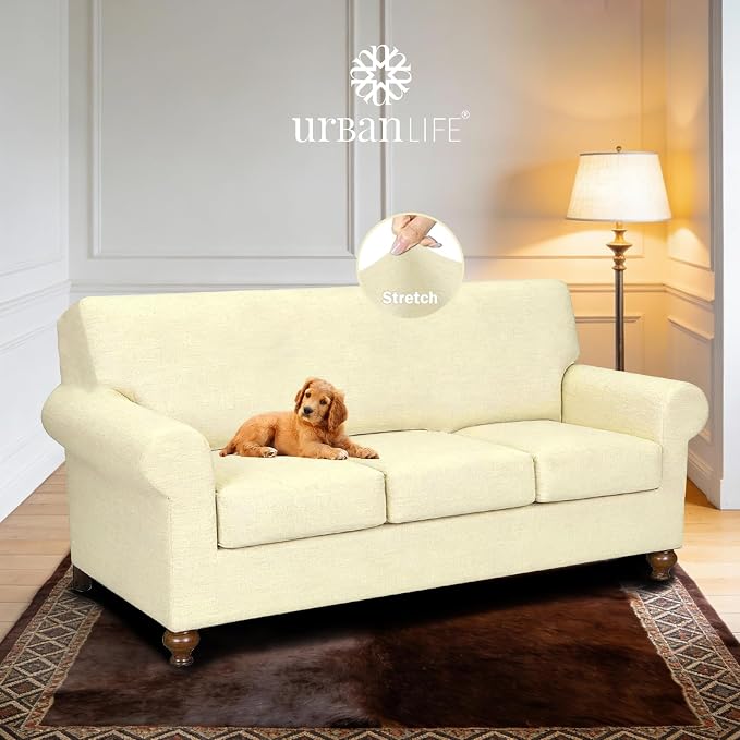 URBANLIFE 4-Piece Stretch Sofa Covers for 3 Cushion Couch, Cream | Super fitted spandex slipcovers for couches. Non-slip elastic bottom. Machine washable furniture protector for kids & pets. - Image 2