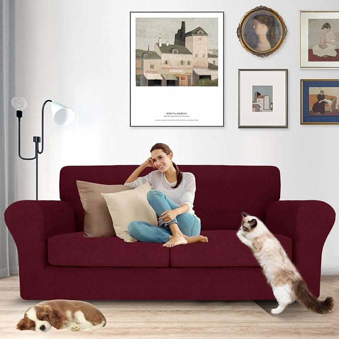 MAXIJIN 3 Piece Couch Covers for 2 Cushion Couch Sofa Cover, Stretch Loveseat Sofa Slipcovers for Sofas with 2 Large Cushions, Thick Dogs Pet Furniture Covers (71"-91", Wine Red) - Image 2